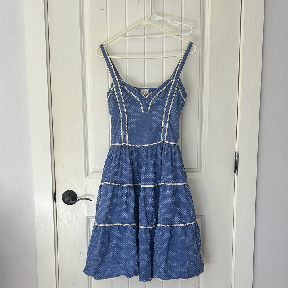 Vintage Anthropologie Viola Blue Polka Dot Dress with White Lace Trim